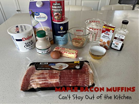 Maple Bacon Muffins | Can't Stay Out of the Kitchen | these luscious #muffins just pop with flavor since they use both #MapleSyrup & #MapleExtract. #Bacon makes everything better and adds just a hint of saltiness & crunchiness. These scrumptious #BreakfastMuffins are a fantastic #breakfast idea for #FathersDay, #holidays or company breakfasts. #MapleBaconMuffins