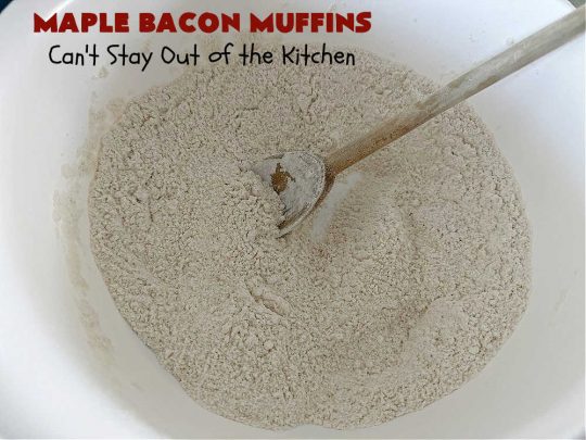 Maple Bacon Muffins | Can't Stay Out of the Kitchen | these luscious #muffins just pop with flavor since they use both #MapleSyrup & #MapleExtract. #Bacon makes everything better and adds just a hint of saltiness & crunchiness. These scrumptious #BreakfastMuffins are a fantastic #breakfast idea for #FathersDay, #holidays or company breakfasts. #MapleBaconMuffins