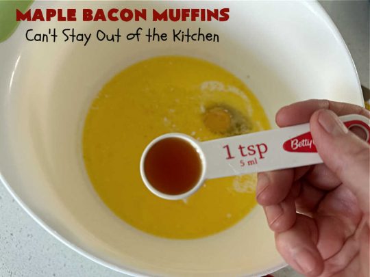 Maple Bacon Muffins | Can't Stay Out of the Kitchen | these luscious #muffins just pop with flavor since they use both #MapleSyrup & #MapleExtract. #Bacon makes everything better and adds just a hint of saltiness & crunchiness. These scrumptious #BreakfastMuffins are a fantastic #breakfast idea for #FathersDay, #holidays or company breakfasts. #MapleBaconMuffins