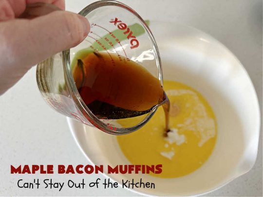 Maple Bacon Muffins | Can't Stay Out of the Kitchen | these luscious #muffins just pop with flavor since they use both #MapleSyrup & #MapleExtract. #Bacon makes everything better and adds just a hint of saltiness & crunchiness. These scrumptious #BreakfastMuffins are a fantastic #breakfast idea for #FathersDay, #holidays or company breakfasts. #MapleBaconMuffins