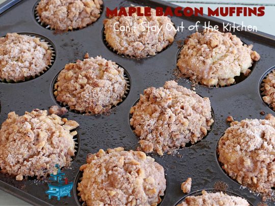 Maple Bacon Muffins | Can't Stay Out of the Kitchen | these luscious #muffins just pop with flavor since they use both #MapleSyrup & #MapleExtract. #Bacon makes everything better and adds just a hint of saltiness & crunchiness. These scrumptious #BreakfastMuffins are a fantastic #breakfast idea for #FathersDay, #holidays or company breakfasts. #MapleBaconMuffins