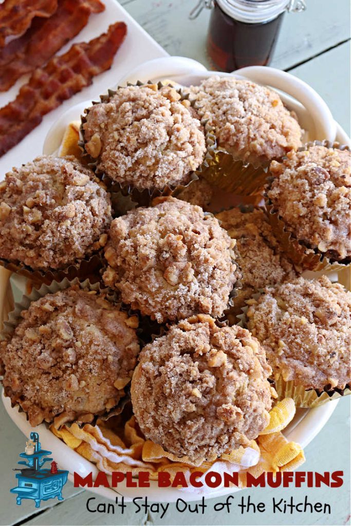 Maple Bacon Muffins | Can't Stay Out of the Kitchen | these luscious #muffins just pop with flavor since they use both #MapleSyrup & #MapleExtract. #Bacon makes everything better and adds just a hint of saltiness & crunchiness. These scrumptious #BreakfastMuffins are a fantastic #breakfast idea for #FathersDay, #holidays or company breakfasts. #MapleBaconMuffins