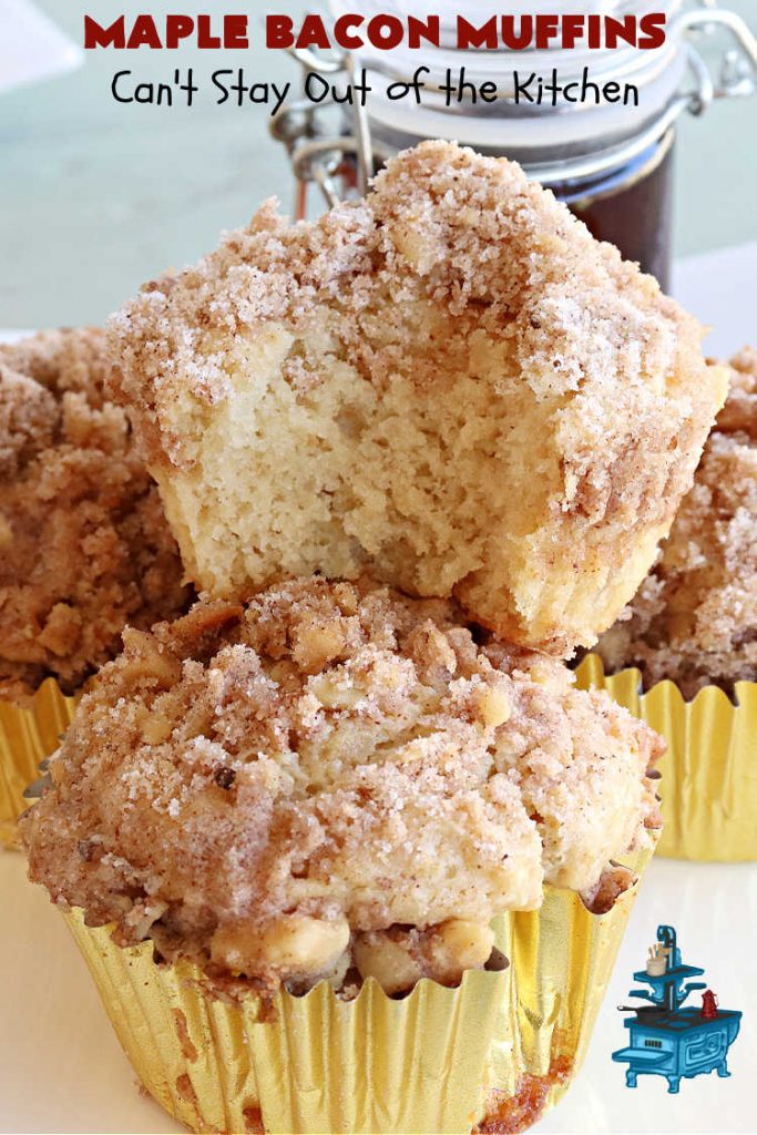 Maple Bacon Muffins | Can't Stay Out of the Kitchen | these luscious #muffins just pop with flavor since they use both #MapleSyrup & #MapleExtract. #Bacon makes everything better and adds just a hint of saltiness & crunchiness. These scrumptious #BreakfastMuffins are a fantastic #breakfast idea for #FathersDay, #holidays or company breakfasts. #MapleBaconMuffins