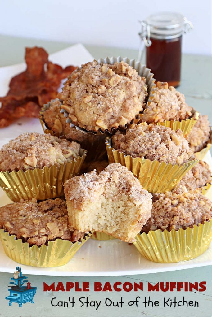 Maple Bacon Muffins | Can't Stay Out of the Kitchen | these luscious #muffins just pop with flavor since they use both #MapleSyrup & #MapleExtract. #Bacon makes everything better and adds just a hint of saltiness & crunchiness. These scrumptious #BreakfastMuffins are a fantastic #breakfast idea for #FathersDay, #holidays or company breakfasts. #MapleBaconMuffins