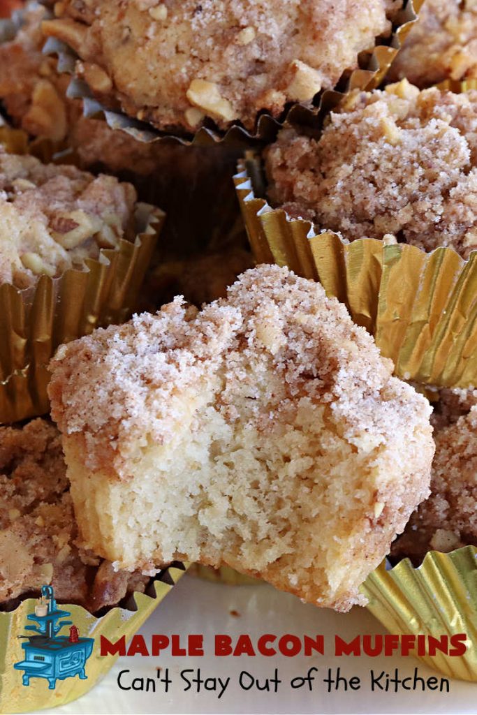 Maple Bacon Muffins | Can't Stay Out of the Kitchen | these luscious #muffins just pop with flavor since they use both #MapleSyrup & #MapleExtract. #Bacon makes everything better and adds just a hint of saltiness & crunchiness. These scrumptious #BreakfastMuffins are a fantastic #breakfast idea for #FathersDay, #holidays or company breakfasts. #MapleBaconMuffins