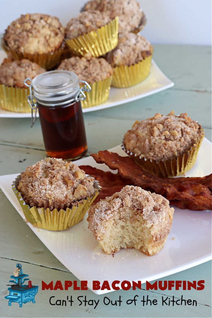 Maple Bacon Muffins | Can't Stay Out of the Kitchen | these luscious #muffins just pop with flavor since they use both #MapleSyrup & #MapleExtract. #Bacon makes everything better and adds just a hint of saltiness & crunchiness. These scrumptious #BreakfastMuffins are a fantastic #breakfast idea for #FathersDay, #holidays or company breakfasts. #MapleBaconMuffins