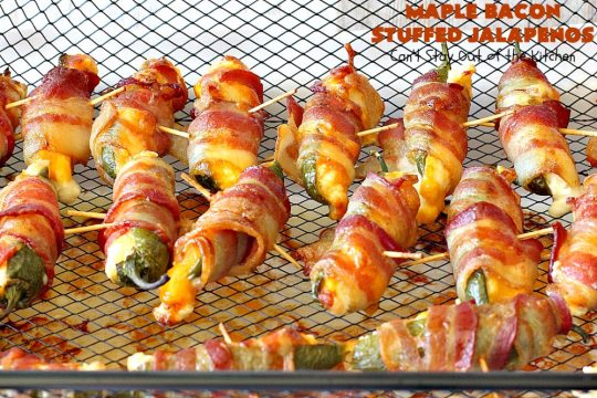 Maple Bacon Stuffed Jalapenos | Can't Stay Out of the Kitchen | this spectacular #appetizer is a 6 ingredient #recipe. #Bacon wrapped #jalapenos are stuffed with #creamcheese & #cheddarcheese & drizzled with #maplesyrup after baking. Our company loved them! They're perfect for any #holiday party or potluck. #appetizer #glutenfree #tailgating