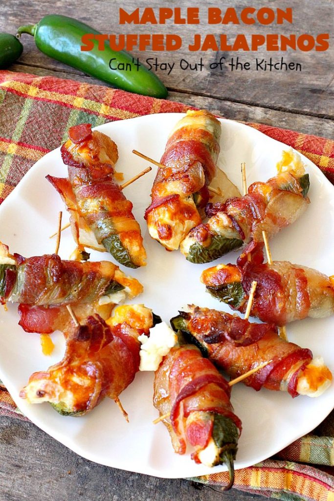 Maple Bacon Stuffed Jalapenos | Can't Stay Out of the Kitchen | this spectacular #appetizer is a 6 ingredient #recipe. #Bacon wrapped #jalapenos are stuffed with #creamcheese & #cheddarcheese & drizzled with #maplesyrup after baking. Our company loved them! They're perfect for any #holiday party or potluck. #appetizer #glutenfree #tailgating
