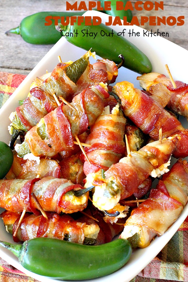 Maple Bacon Stuffed Jalapenos | Can't Stay Out of the Kitchen | this spectacular #appetizer is a 6 ingredient #recipe. #Bacon wrapped #jalapenos are stuffed with #creamcheese & #cheddarcheese & drizzled with #maplesyrup after baking. Our company loved them! They're perfect for any #holiday party or potluck. #appetizer #glutenfree #tailgating
