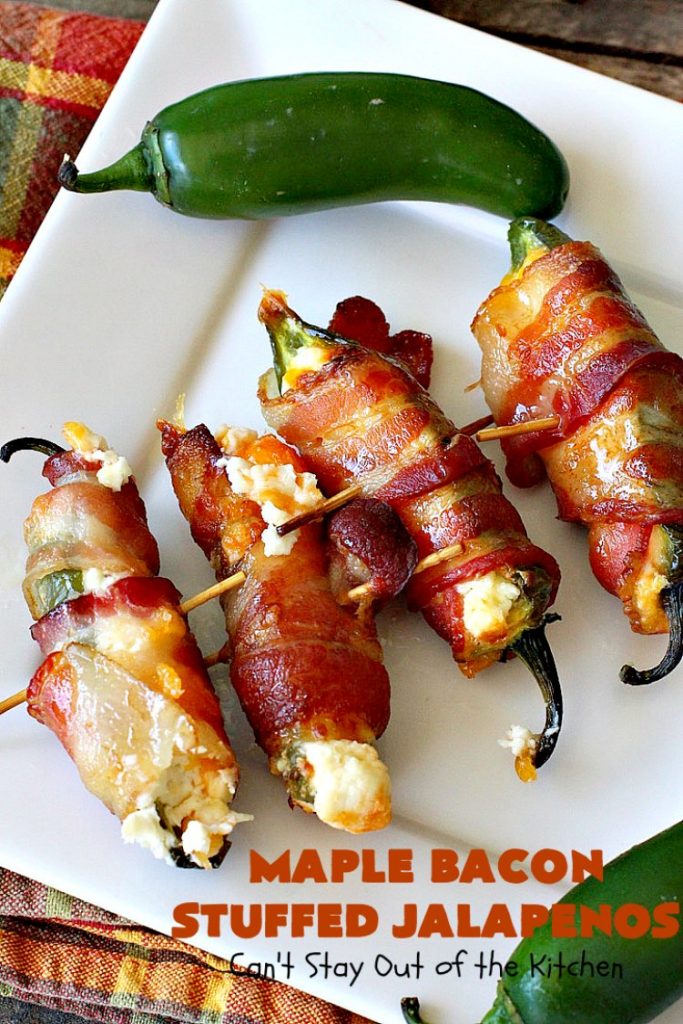 Maple Bacon Stuffed Jalapenos | Can't Stay Out of the Kitchen | this spectacular #appetizer is a 6 ingredient #recipe. #Bacon wrapped #jalapenos are stuffed with #creamcheese & #cheddarcheese & drizzled with #maplesyrup after baking. Our company loved them! They're perfect for any #holiday party or potluck. #appetizer #glutenfree #tailgating