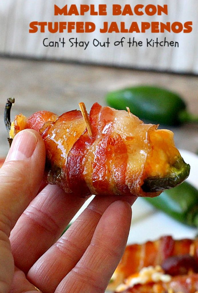 Maple Bacon Stuffed Jalapenos | Can't Stay Out of the Kitchen | this spectacular #appetizer is a 6 ingredient #recipe. #Bacon wrapped #jalapenos are stuffed with #creamcheese & #cheddarcheese & drizzled with #maplesyrup after baking. Our company loved them! They're perfect for any #holiday party or potluck. #appetizer #glutenfree #tailgating