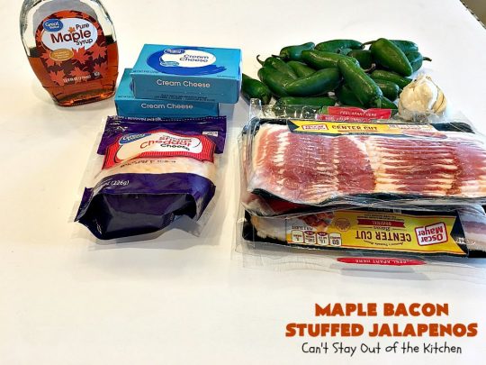 Maple Bacon Stuffed Jalapenos | Can't Stay Out of the Kitchen | this spectacular #appetizer is a 6 ingredient #recipe. #Bacon wrapped #jalapenos are stuffed with #creamcheese & #cheddarcheese & drizzled with #maplesyrup after baking. Our company loved them! They're perfect for any #holiday party or potluck. #appetizer #glutenfree #tailgating