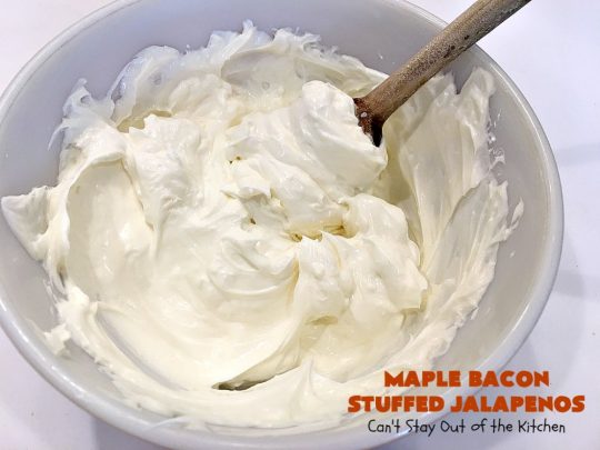 Maple Bacon Stuffed Jalapenos | Can't Stay Out of the Kitchen | this spectacular #appetizer is a 6 ingredient #recipe. #Bacon wrapped #jalapenos are stuffed with #creamcheese & #cheddarcheese & drizzled with #maplesyrup after baking. Our company loved them! They're perfect for any #holiday party or potluck. #appetizer #glutenfree #tailgating