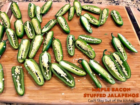 Maple Bacon Stuffed Jalapenos | Can't Stay Out of the Kitchen | this spectacular #appetizer is a 6 ingredient #recipe. #Bacon wrapped #jalapenos are stuffed with #creamcheese & #cheddarcheese & drizzled with #maplesyrup after baking. Our company loved them! They're perfect for any #holiday party or potluck. #appetizer #glutenfree #tailgating