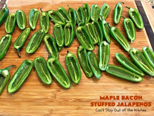 Maple Bacon Stuffed Jalapenos | Can't Stay Out of the Kitchen | this spectacular #appetizer is a 6 ingredient #recipe. #Bacon wrapped #jalapenos are stuffed with #creamcheese & #cheddarcheese & drizzled with #maplesyrup after baking. Our company loved them! They're perfect for any #holiday party or potluck. #appetizer #glutenfree #tailgating