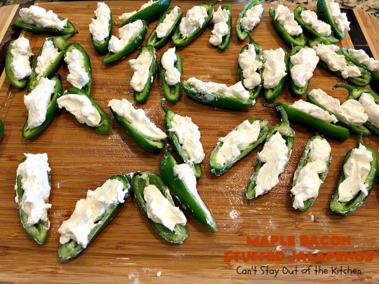 Maple Bacon Stuffed Jalapenos | Can't Stay Out of the Kitchen | this spectacular #appetizer is a 6 ingredient #recipe. #Bacon wrapped #jalapenos are stuffed with #creamcheese & #cheddarcheese & drizzled with #maplesyrup after baking. Our company loved them! They're perfect for any #holiday party or potluck. #appetizer #glutenfree #tailgating