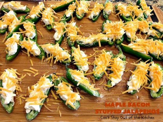 Maple Bacon Stuffed Jalapenos | Can't Stay Out of the Kitchen | this spectacular #appetizer is a 6 ingredient #recipe. #Bacon wrapped #jalapenos are stuffed with #creamcheese & #cheddarcheese & drizzled with #maplesyrup after baking. Our company loved them! They're perfect for any #holiday party or potluck. #appetizer #glutenfree #tailgating