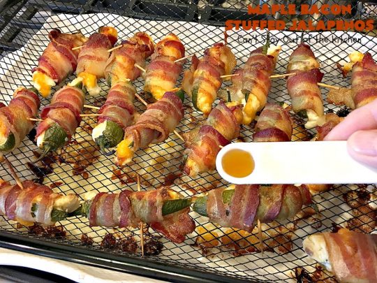 Maple Bacon Stuffed Jalapenos | Can't Stay Out of the Kitchen | this spectacular #appetizer is a 6 ingredient #recipe. #Bacon wrapped #jalapenos are stuffed with #creamcheese & #cheddarcheese & drizzled with #maplesyrup after baking. Our company loved them! They're perfect for any #holiday party or potluck. #appetizer #glutenfree #tailgating