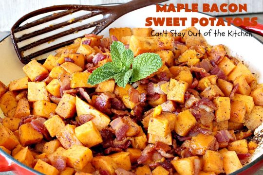 Maple Bacon Sweet Potatoes | Can't Stay Out of the Kitchen | easy 4-ingredient #sweetpotatoes #recipe that will knock your socks off! The #bacon makes it succulent & amazing. #glutenfree