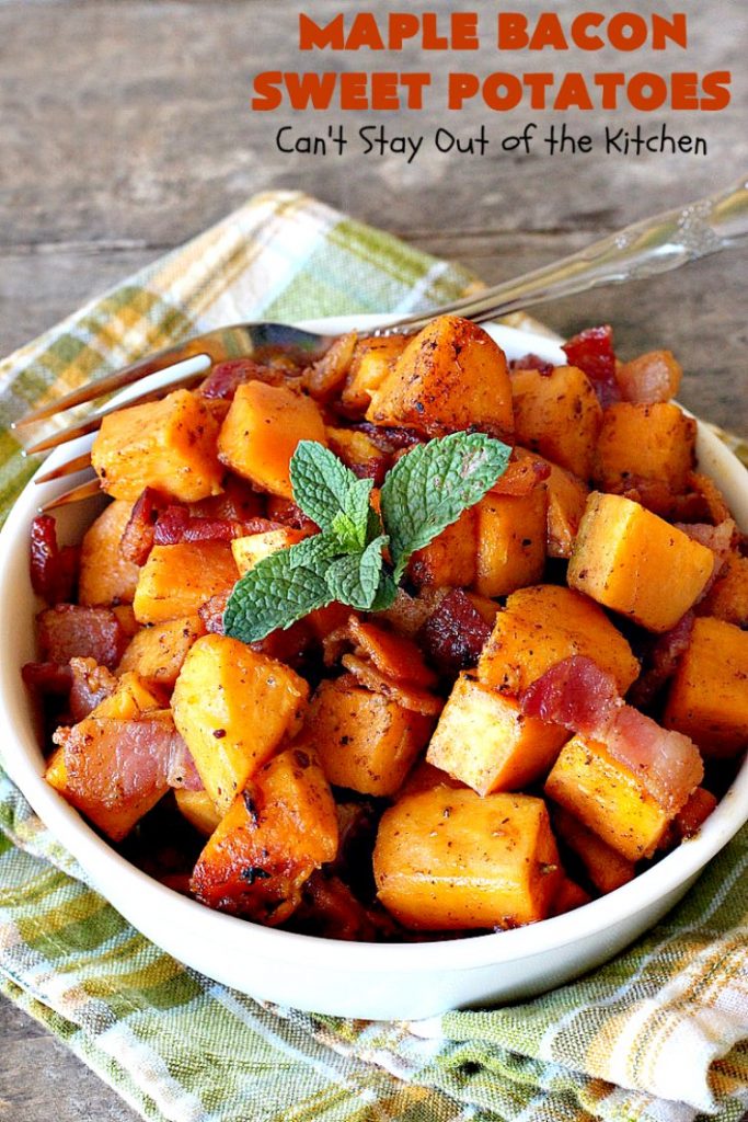 Maple Bacon Sweet Potatoes | Can't Stay Out of the Kitchen | easy 4-ingredient #sweetpotatoes #recipe that will knock your socks off! The #bacon makes it succulent & amazing. #glutenfree