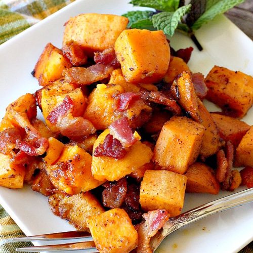 Maple Bacon Sweet Potatoes | Can't Stay Out of the Kitchen | easy 4-ingredient #sweetpotatoes #recipe that will knock your socks off! The #bacon makes it succulent & amazing. #glutenfree