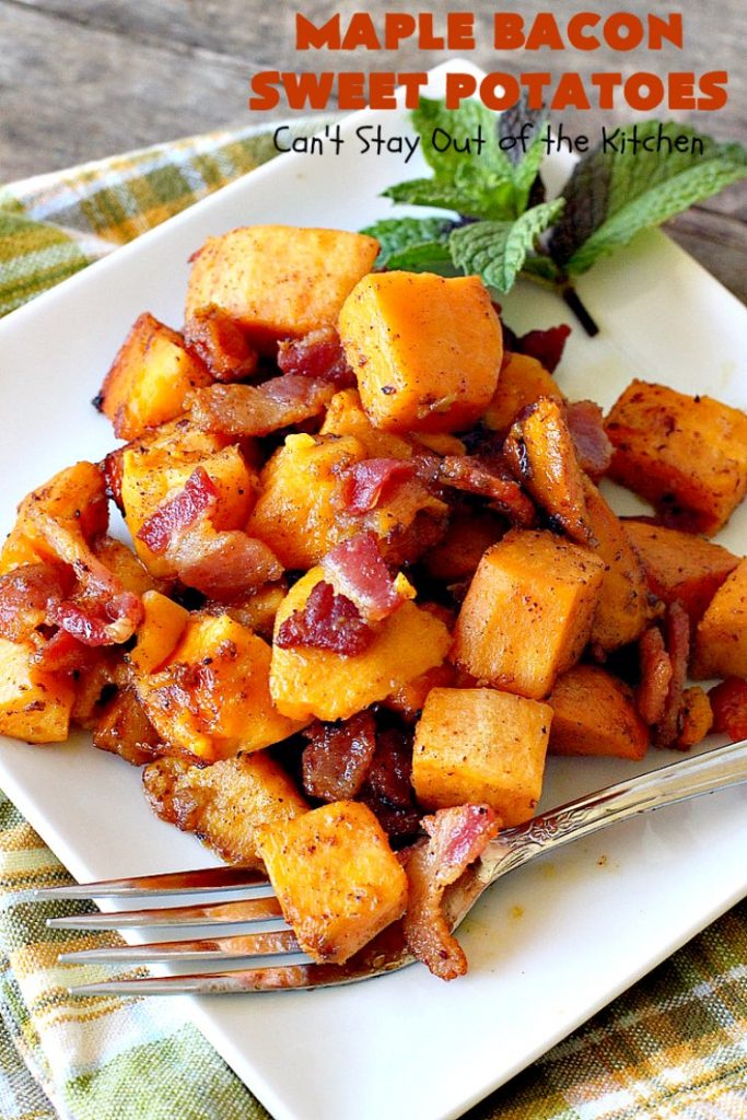 Maple Bacon Sweet Potatoes | Can't Stay Out of the Kitchen | easy 4-ingredient #sweetpotatoes #recipe that will knock your socks off! The #bacon makes it succulent & amazing. #glutenfree