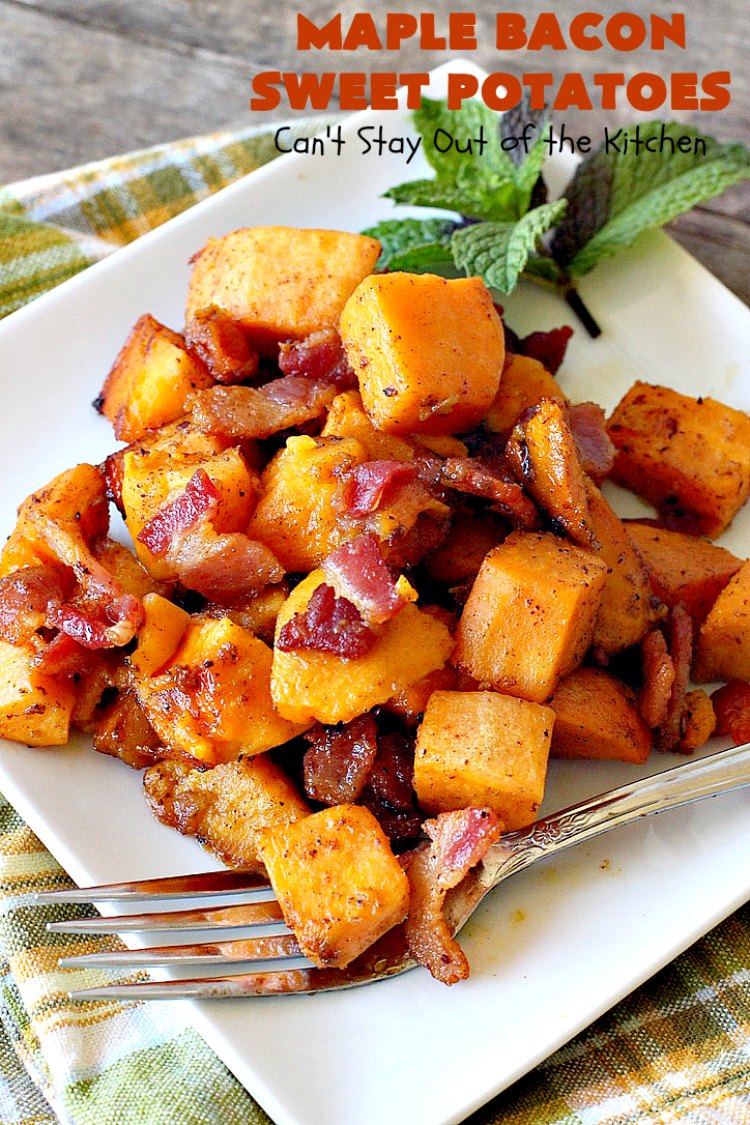 Maple Bacon Sweet Potatoes | Can't Stay Out of the Kitchen | easy 4-ingredient #sweetpotatoes #recipe that will knock your socks off! The #bacon makes it succulent & amazing. #glutenfree
