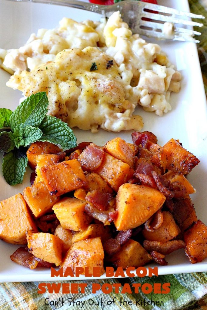 Maple Bacon Sweet Potatoes | Can't Stay Out of the Kitchen | easy 4-ingredient #sweetpotatoes #recipe that will knock your socks off! The #bacon makes it succulent & amazing. #glutenfree