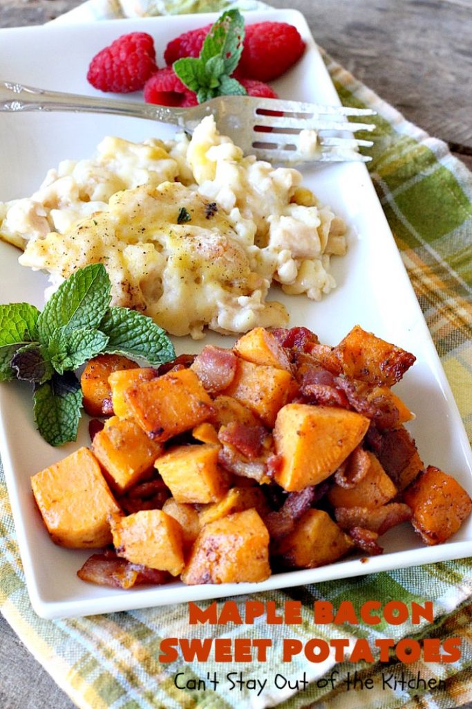Maple Bacon Sweet Potatoes | Can't Stay Out of the Kitchen | easy 4-ingredient #sweetpotatoes #recipe that will knock your socks off! The #bacon makes it succulent & amazing. #glutenfree