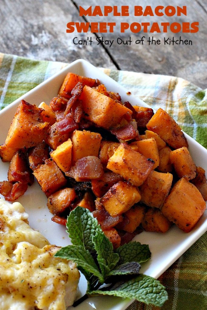 Maple Bacon Sweet Potatoes | Can't Stay Out of the Kitchen | easy 4-ingredient #sweetpotatoes #recipe that will knock your socks off! The #bacon makes it succulent & amazing. #glutenfree