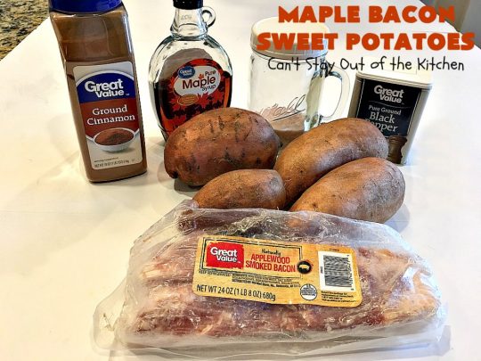 Maple Bacon Sweet Potatoes | Can't Stay Out of the Kitchen | easy 4-ingredient #sweetpotatoes #recipe that will knock your socks off! The #bacon makes it succulent & amazing. #glutenfree