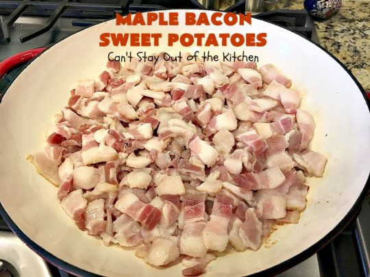 Maple Bacon Sweet Potatoes | Can't Stay Out of the Kitchen | easy 4-ingredient #sweetpotatoes #recipe that will knock your socks off! The #bacon makes it succulent & amazing. #glutenfree
