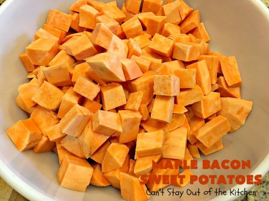 Maple Bacon Sweet Potatoes | Can't Stay Out of the Kitchen | easy 4-ingredient #sweetpotatoes #recipe that will knock your socks off! The #bacon makes it succulent & amazing. #glutenfree