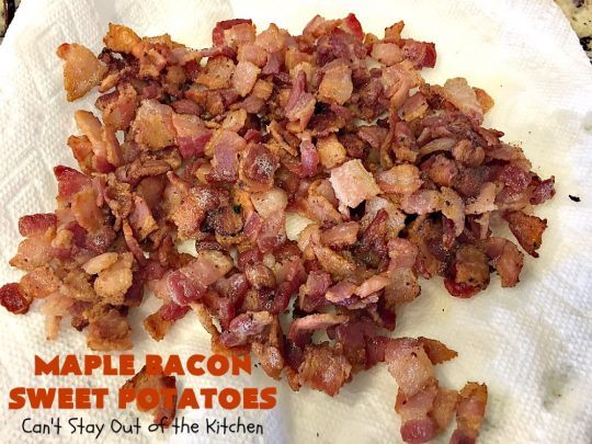 Maple Bacon Sweet Potatoes | Can't Stay Out of the Kitchen | easy 4-ingredient #sweetpotatoes #recipe that will knock your socks off! The #bacon makes it succulent & amazing. #glutenfree
