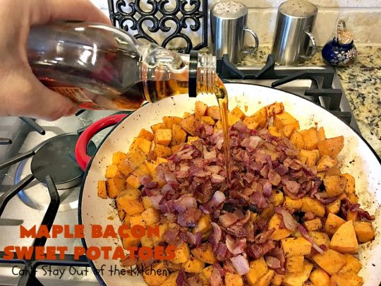Maple Bacon Sweet Potatoes | Can't Stay Out of the Kitchen | easy 4-ingredient #sweetpotatoes #recipe that will knock your socks off! The #bacon makes it succulent & amazing. #glutenfree