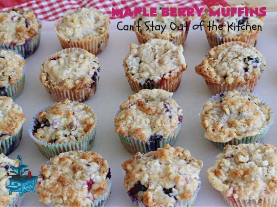 Maple Berry Muffins | Can't Stay Out of the Kitchen | indulge yourself with these luscious #SugarFree & #GlutenFree #muffins. They're filled with #strawberries, #blueberries, #raspberries & #blackberries. #MapleSyrup & #MapleExtract amp up the flavors. #MonkFruitSugar is substituted for regular sugar. The #streusel topping is amazing. Perfect for a weekend, company or #holiday #breakfast. #MapleBerryMuffins