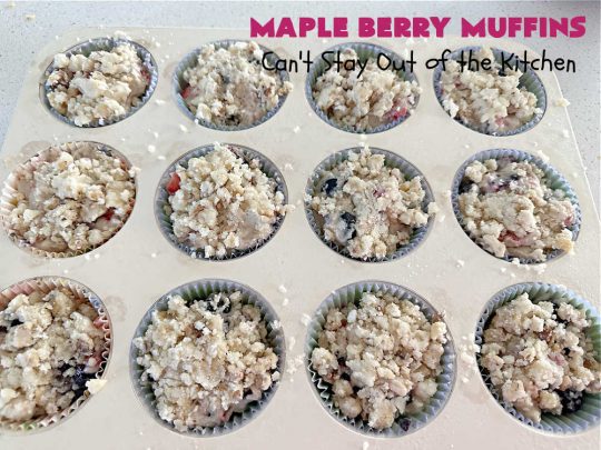 Maple Berry Muffins | Can't Stay Out of the Kitchen | indulge yourself with these luscious #SugarFree & #GlutenFree #muffins. They're filled with #strawberries, #blueberries, #raspberries & #blackberries. #MapleSyrup & #MapleExtract amp up the flavors. #MonkFruitSugar is substituted for regular sugar. The #streusel topping is amazing. Perfect for a weekend, company or #holiday #breakfast. #MapleBerryMuffins