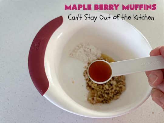 Maple Berry Muffins | Can't Stay Out of the Kitchen | indulge yourself with these luscious #SugarFree & #GlutenFree #muffins. They're filled with #strawberries, #blueberries, #raspberries & #blackberries. #MapleSyrup & #MapleExtract amp up the flavors. #MonkFruitSugar is substituted for regular sugar. The #streusel topping is amazing. Perfect for a weekend, company or #holiday #breakfast. #MapleBerryMuffins