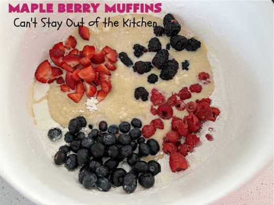 Maple Berry Muffins | Can't Stay Out of the Kitchen | indulge yourself with these luscious #SugarFree & #GlutenFree #muffins. They're filled with #strawberries, #blueberries, #raspberries & #blackberries. #MapleSyrup & #MapleExtract amp up the flavors. #MonkFruitSugar is substituted for regular sugar. The #streusel topping is amazing. Perfect for a weekend, company or #holiday #breakfast. #MapleBerryMuffins
