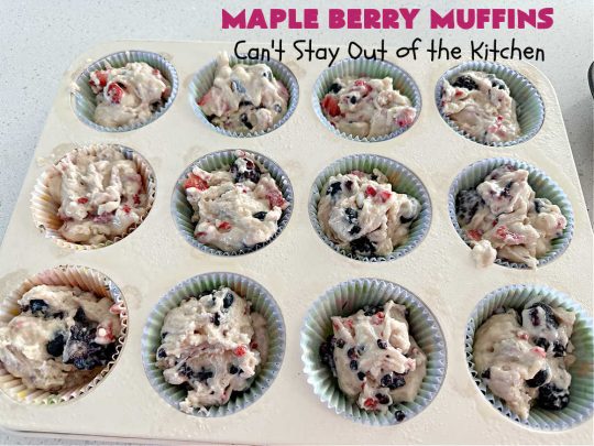 Maple Berry Muffins | Can't Stay Out of the Kitchen | indulge yourself with these luscious #SugarFree & #GlutenFree #muffins. They're filled with #strawberries, #blueberries, #raspberries & #blackberries. #MapleSyrup & #MapleExtract amp up the flavors. #MonkFruitSugar is substituted for regular sugar. The #streusel topping is amazing. Perfect for a weekend, company or #holiday #breakfast. #MapleBerryMuffins