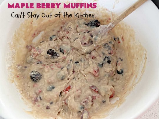 Maple Berry Muffins | Can't Stay Out of the Kitchen | indulge yourself with these luscious #SugarFree & #GlutenFree #muffins. They're filled with #strawberries, #blueberries, #raspberries & #blackberries. #MapleSyrup & #MapleExtract amp up the flavors. #MonkFruitSugar is substituted for regular sugar. The #streusel topping is amazing. Perfect for a weekend, company or #holiday #breakfast. #MapleBerryMuffins