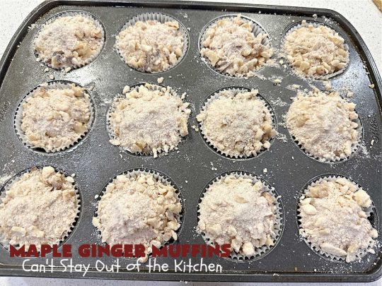 Maple Ginger Muffins | Can't Stay Out of the Kitchen | these outrageous #muffins will rock your world! They explode with #CandiedGinger flavor & are so mouthwatering & irresistible, you're going to want more than one. Marvelous for #holiday #breakfast & Brunch buffets like #Christmas, #Thanksgiving or #NewYearsDay. Every bite will have you swooning! #MapleSyrup #MapleExtract #walnuts #CrystalizedGinger #ParadiseFruit #MapleGingerMuffins