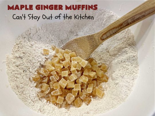 Maple Ginger Muffins | Can't Stay Out of the Kitchen | these outrageous #muffins will rock your world! They explode with #CandiedGinger flavor & are so mouthwatering & irresistible, you're going to want more than one. Marvelous for #holiday #breakfast & Brunch buffets like #Christmas, #Thanksgiving or #NewYearsDay. Every bite will have you swooning! #MapleSyrup #MapleExtract #walnuts #CrystalizedGinger #ParadiseFruit #MapleGingerMuffins