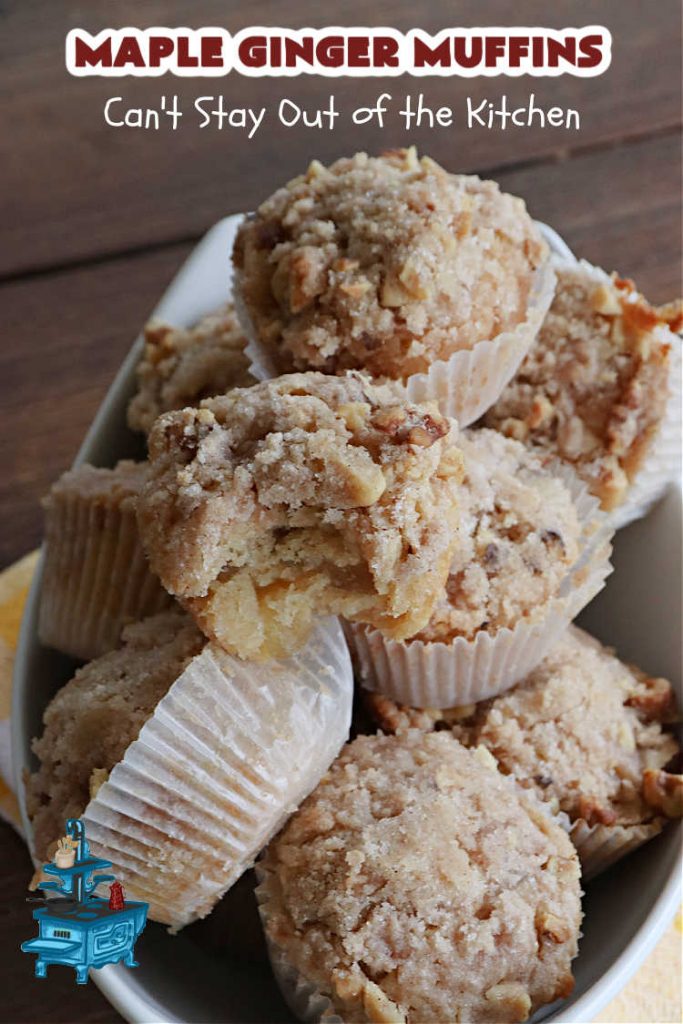 Maple Ginger Muffins | Can't Stay Out of the Kitchen | these outrageous #muffins will rock your world! They explode with #CandiedGinger flavor & are so mouthwatering & irresistible, you're going to want more than one. Marvelous for #holiday #breakfast & Brunch buffets like #Christmas, #Thanksgiving or #NewYearsDay. Every bite will have you swooning! #MapleSyrup #MapleExtract #walnuts #CrystalizedGinger #ParadiseFruit #MapleGingerMuffins