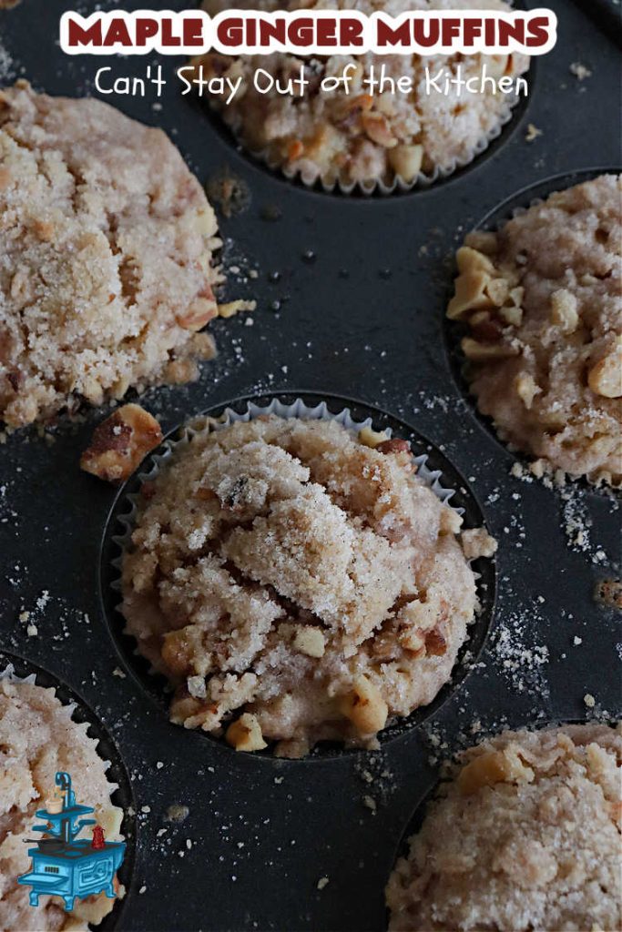 Maple Ginger Muffins | Can't Stay Out of the Kitchen | these outrageous #muffins will rock your world! They explode with #CandiedGinger flavor & are so mouthwatering & irresistible, you're going to want more than one. Marvelous for #holiday #breakfast & Brunch buffets like #Christmas, #Thanksgiving or #NewYearsDay. Every bite will have you swooning! #MapleSyrup #MapleExtract #walnuts #CrystalizedGinger #ParadiseFruit #MapleGingerMuffins
