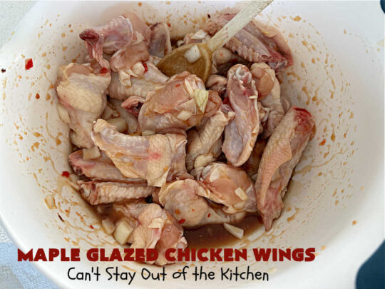 Maple Glazed Chicken Wings | Can't Stay Out of the Kitchen | Prepare to lick your chops after one bite of these amazing #ChickenWings. They're made with #ChiliSauce & #MapleSyrup & #grill up wonderfully for #tailgating parties, #potlucks or even family dinner. Great as an #appetizer especially when served with a #HoneyMustardSauce. #chicken #poultry #GlutenFree #MapleGlazedChickenWings