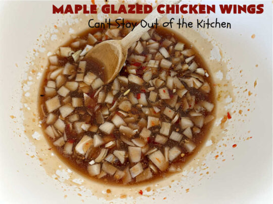 Maple Glazed Chicken Wings | Can't Stay Out of the Kitchen | Prepare to lick your chops after one bite of these amazing #ChickenWings. They're made with #ChiliSauce & #MapleSyrup & #grill up wonderfully for #tailgating parties, #potlucks or even family dinner. Great as an #appetizer especially when served with a #HoneyMustardSauce. #chicken #poultry #GlutenFree #MapleGlazedChickenWings
