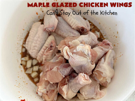 Maple Glazed Chicken Wings | Can't Stay Out of the Kitchen | Prepare to lick your chops after one bite of these amazing #ChickenWings. They're made with #ChiliSauce & #MapleSyrup & #grill up wonderfully for #tailgating parties, #potlucks or even family dinner. Great as an #appetizer especially when served with a #HoneyMustardSauce. #chicken #poultry #GlutenFree #MapleGlazedChickenWings