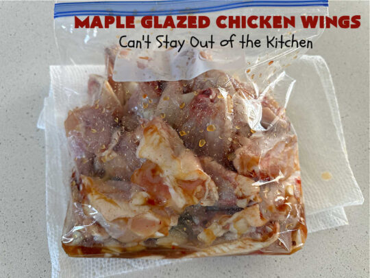 Maple Glazed Chicken Wings | Can't Stay Out of the Kitchen | Prepare to lick your chops after one bite of these amazing #ChickenWings. They're made with #ChiliSauce & #MapleSyrup & #grill up wonderfully for #tailgating parties, #potlucks or even family dinner. Great as an #appetizer especially when served with a #HoneyMustardSauce. #chicken #poultry #GlutenFree #MapleGlazedChickenWings