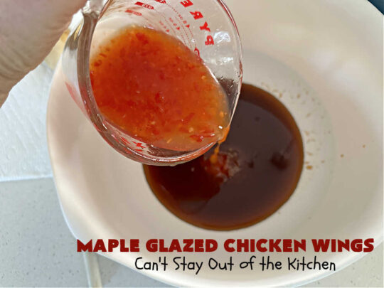 Maple Glazed Chicken Wings | Can't Stay Out of the Kitchen | Prepare to lick your chops after one bite of these amazing #ChickenWings. They're made with #ChiliSauce & #MapleSyrup & #grill up wonderfully for #tailgating parties, #potlucks or even family dinner. Great as an #appetizer especially when served with a #HoneyMustardSauce. #chicken #poultry #GlutenFree #MapleGlazedChickenWings